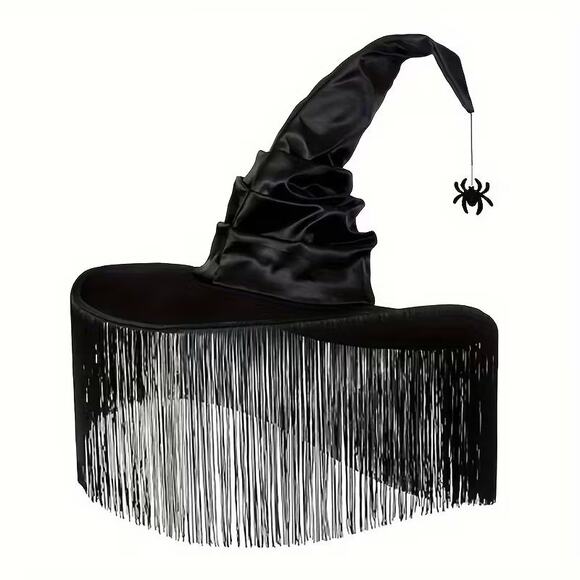 Black Witch Hat with Fringe & Spider Dangle Halloween Costume Accessory - Picture 2 of 2